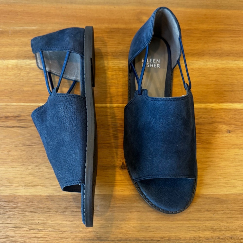 Eileen Fisher Women 6 Blue Suede Cutout Slip On Flat Sandals
